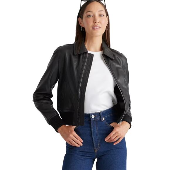 New Quince Washed Leather Bomber Jacket Black Retro Western Womens Large 3652 - Picture 1 of 13
